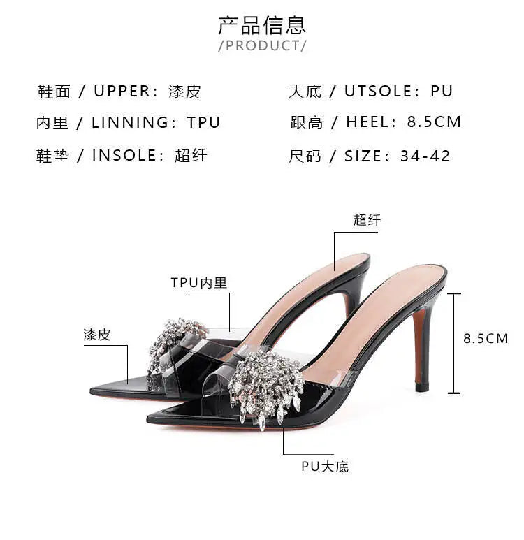Sexy lady 2026 Diamond-Encrusted Pointed-Toe Mules Women's Sandals Transparent High Heels Sexy Thin Heel Versatile Slipperss