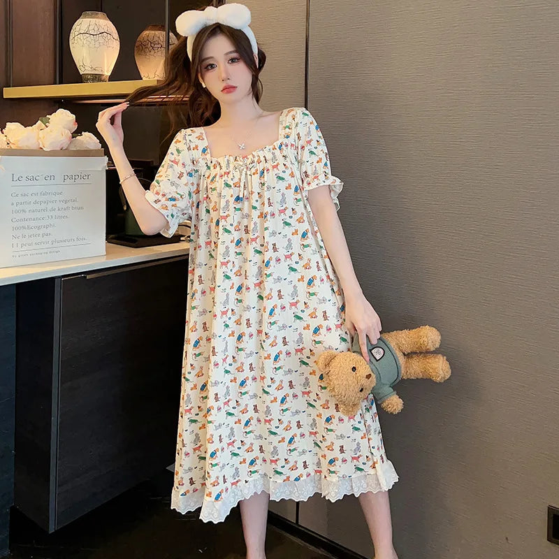M-5XL Plus Size Sleep Dress for Women Korean Sweet Summer Sleepwear Students Cute Print Nightgown Pajama Sleepshirt Home Clothes