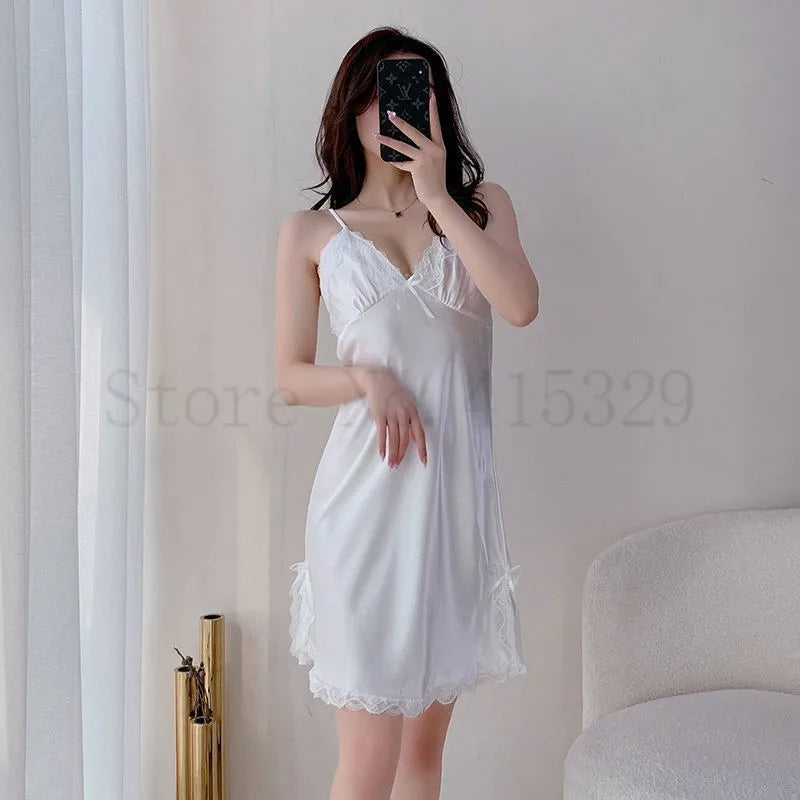 Print Flower Chemise Sleepwear Nightgown Short Summer Sexy Spaghetti Sling Homewear Satin Lace Patchwork Female Nightdress