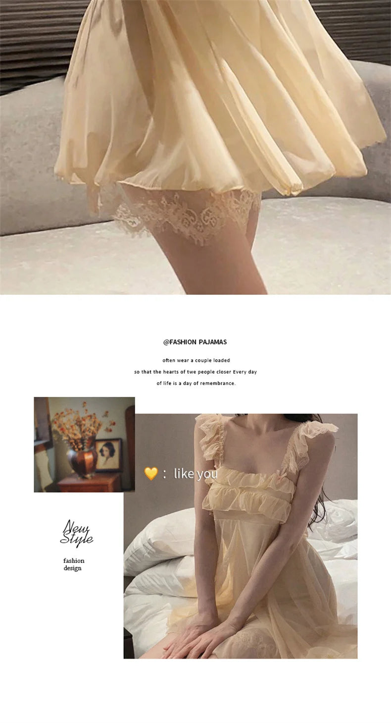 Spring Nightdress Women  Lace Sweet Nightgown Home Dress Pajamas Summer Girl Princess Style Soft Sleepwear Nightwear Outwear