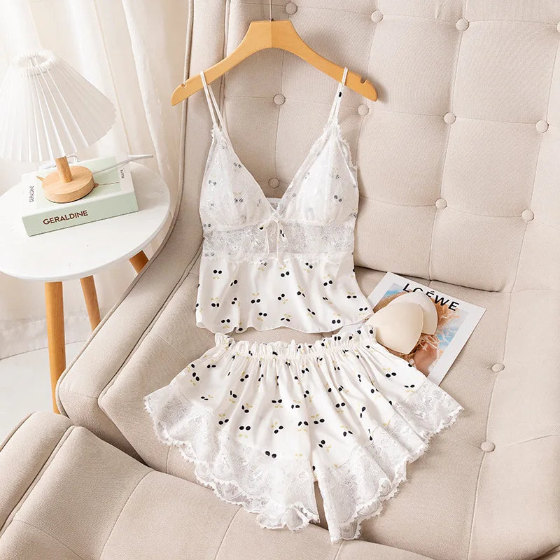 Sexy Suspender Pajamas Set Sleepwear Print Flower Lace Trim Sleepwear Intimate Lingerie Summer New Silk Satin Nightwear Homewear