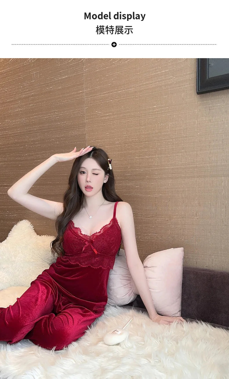 Warm Home Clothes Lady Sexy Lace Flower Trim Nightwear 3Pcs Velour Pajamas Set Luxury Velvet Cami Top&pants Loungewear Winter