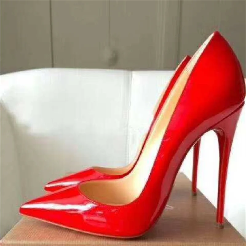 Sizes 48 Classic Style Women Patent Pointed Toe Slip On 12cm High Heel Shoes Elegant Ladies Plain Stiletto Pumps Black Red White