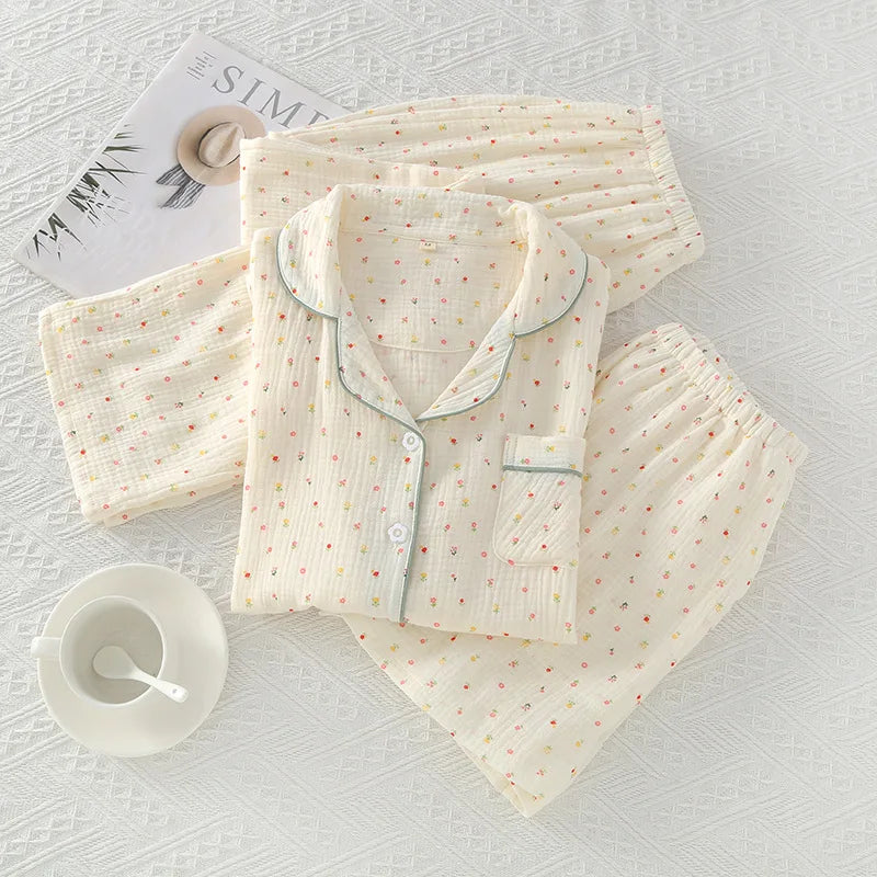 Pajamas pure cotton three-piece set spring and summer thin crepe autumn gauze lapel short-sleeved trousers shorts loungewear set