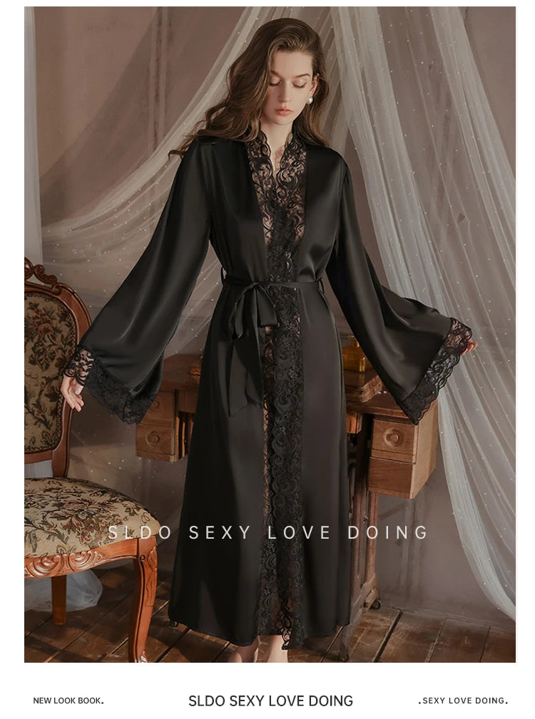 Wedding Bridal Bathrobe Big Lace Flower Nightie Wear Women Satin Kimono Long Loose Peignior Spring Autumn New Intimate Lingerie