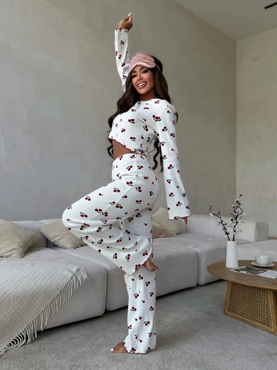 Autumn Winter Pajama Set Women 2pcs Y2K-Style Cherry Print Cuffed-Long-Sleeve Tops and Long Trousers Sleepwear Homewear
