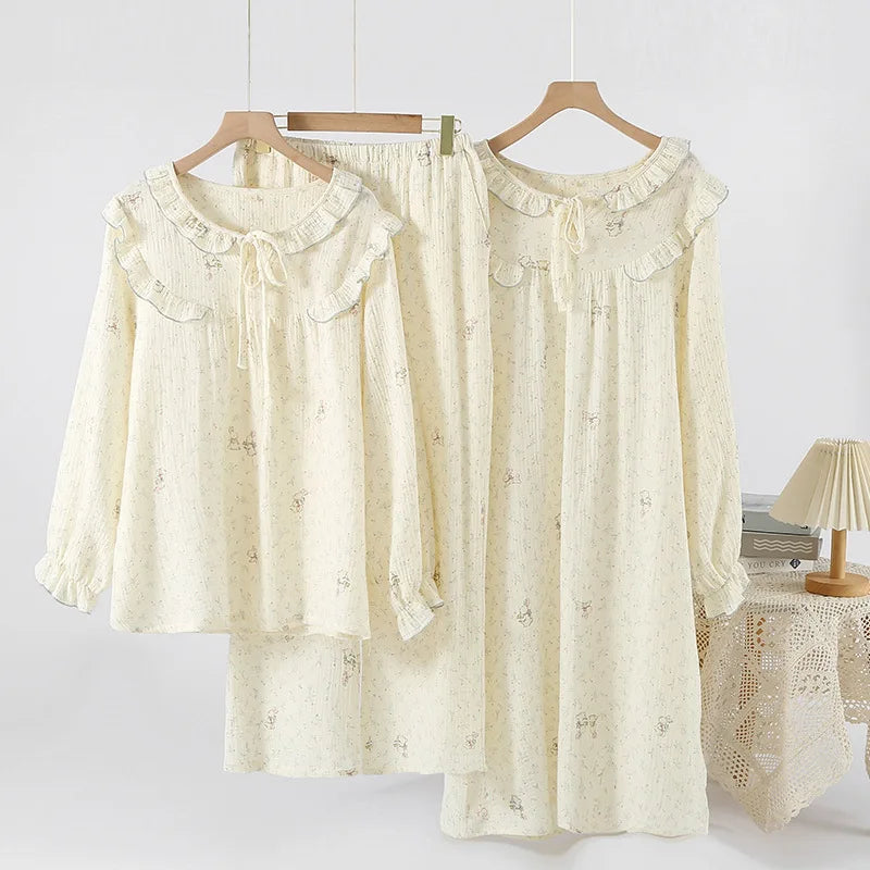 National Style Bamboo Fiber Flower Spring and Summer Women's Long Sleeved Pants Loose Pajamas Set