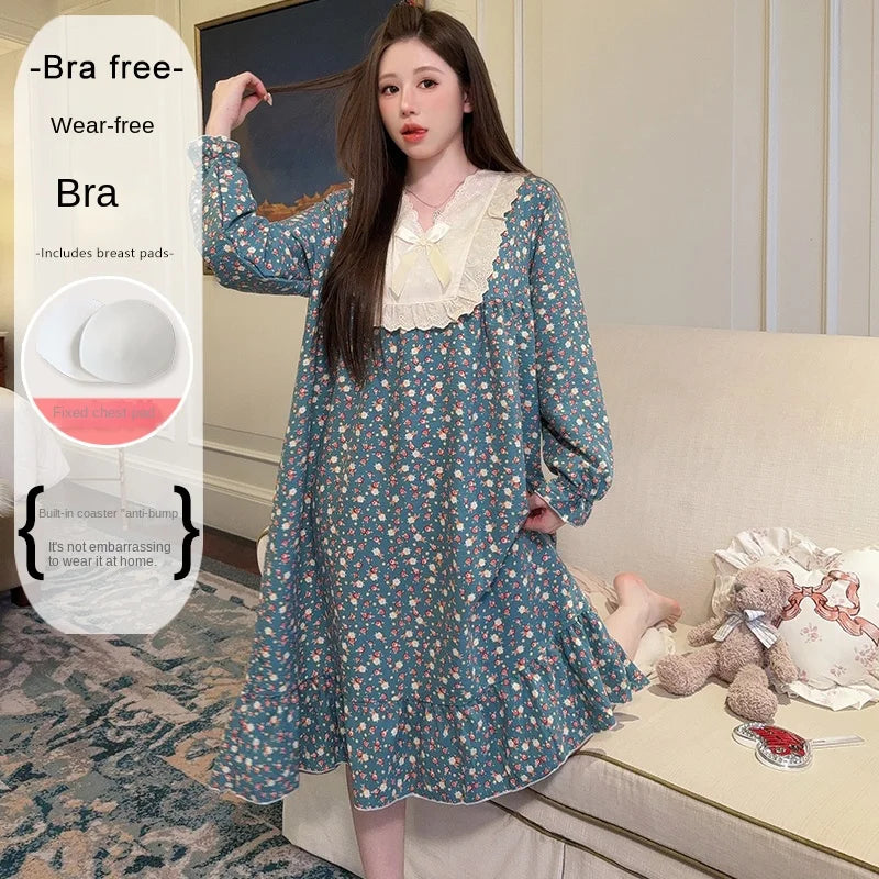 2026 Comfy Long Sleeve Home Dress, Women's Floral Print Loungewear for Spring Autumn, Oversize Sweet Korean Style