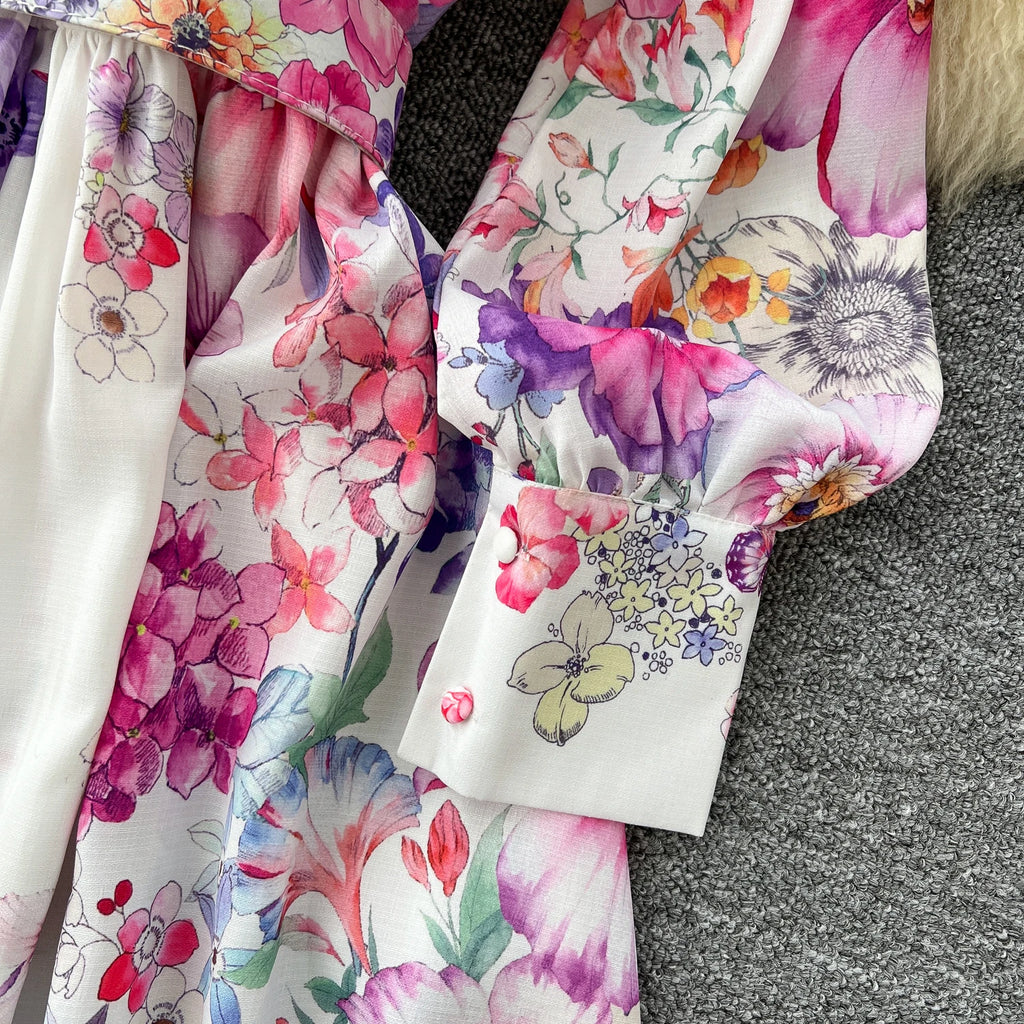 Runway 2025 Spring Summer Floral Print Long Shirt Dress Women's Turtleneck Lantern Sleeve Print Belt Casual Holiday Dress Female