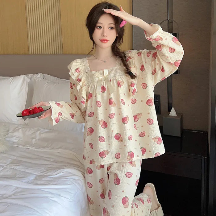 100kg Plus Size Cherry Print Pajama Women Korean Sweet Spring Long Sleeve Top Long Pants Plaid Homewear Princess Loose Outfits