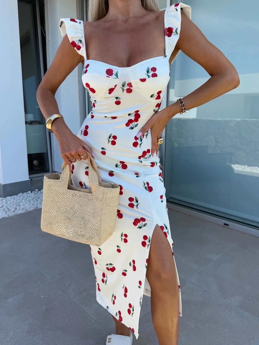 European and American summer new elegant design French flower suspender slit midi-length ladies dress