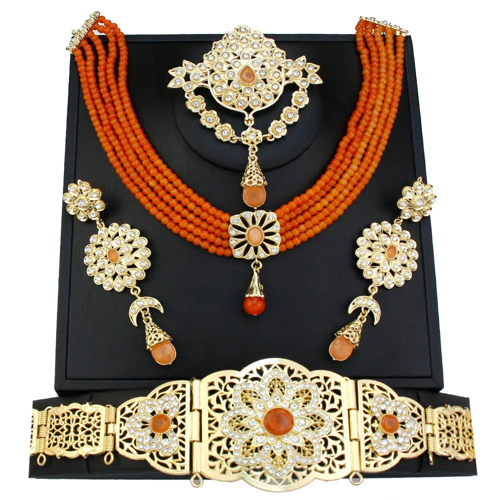 Sunspicems Moroccan Jewelry Sets For Women Gold Color Caftan Waist Chain Belt Orange Bead Choker Necklace Drop Earring Brooch