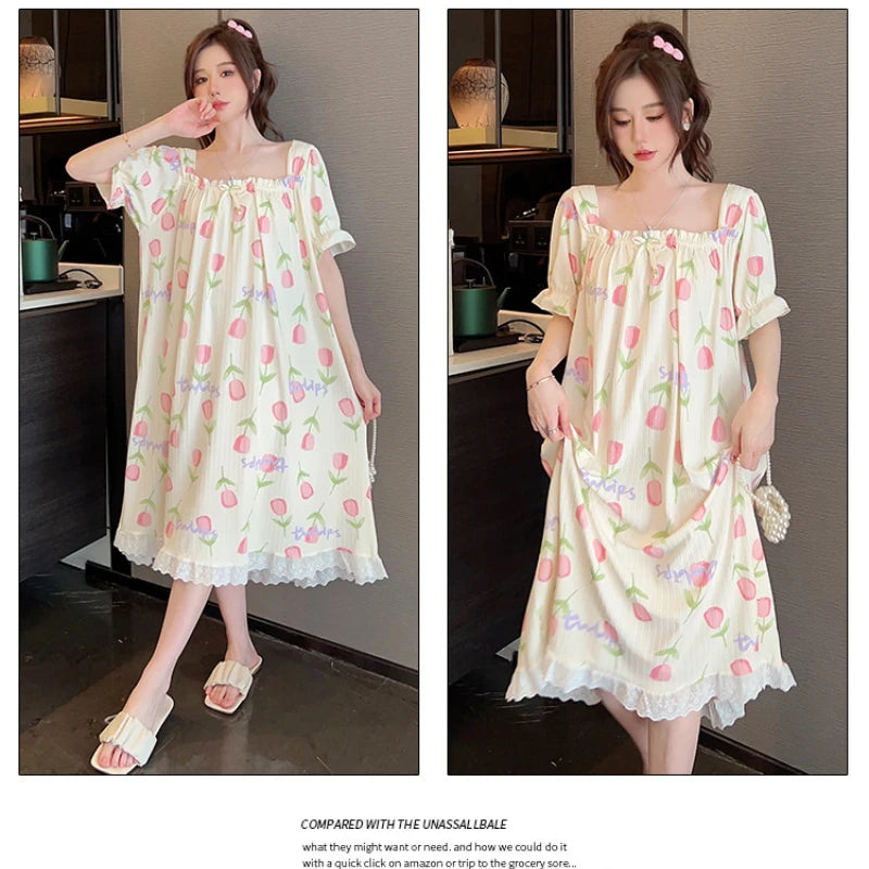 M-5XL Plus Size Sleep Dress for Women Korean Sweet Summer Sleepwear Students Cute Print Nightgown Pajama Sleepshirt Home Clothes