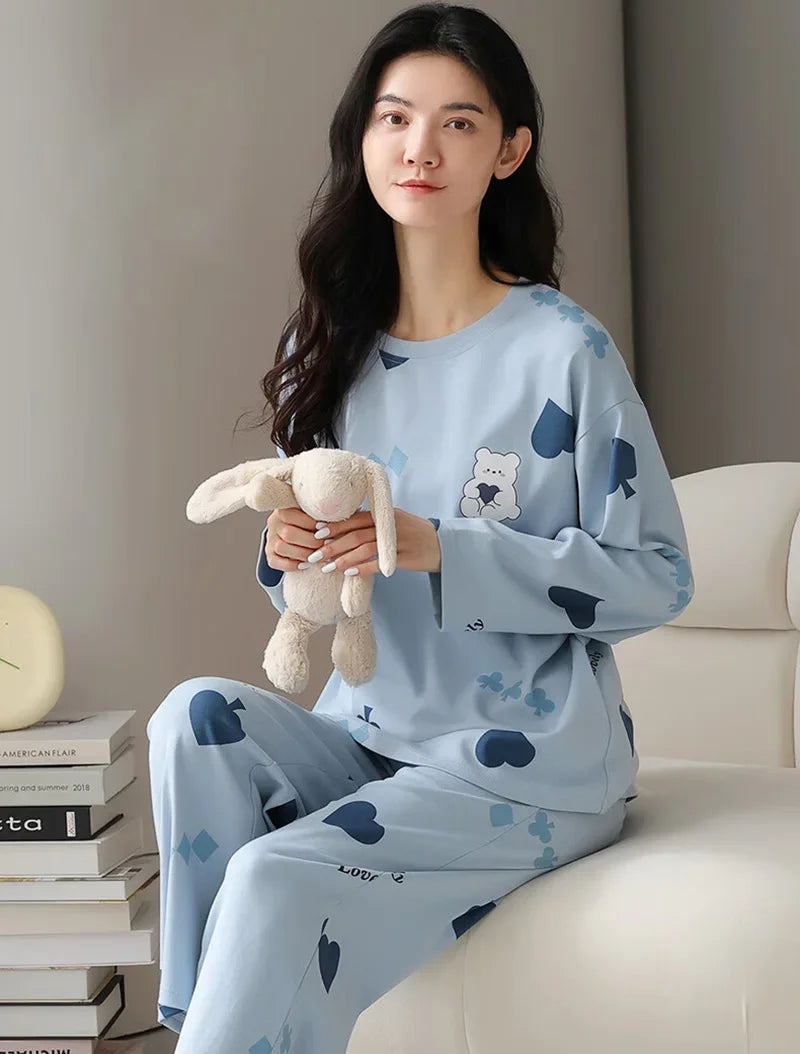 2PCS/Set Ladies Four Seasons Pajamas Long Sleeves Cartoon Casual Student Homewear Girl Giraffe Cute Print Women Sleepwear