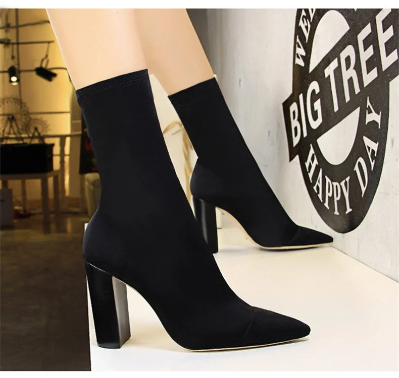 Mid-Calf Boots 2024 New Women Stretch Sock Boots Chunky Block Heels High Heels Silk Shoes Solid Color Short Boots Autumn 3129-3
