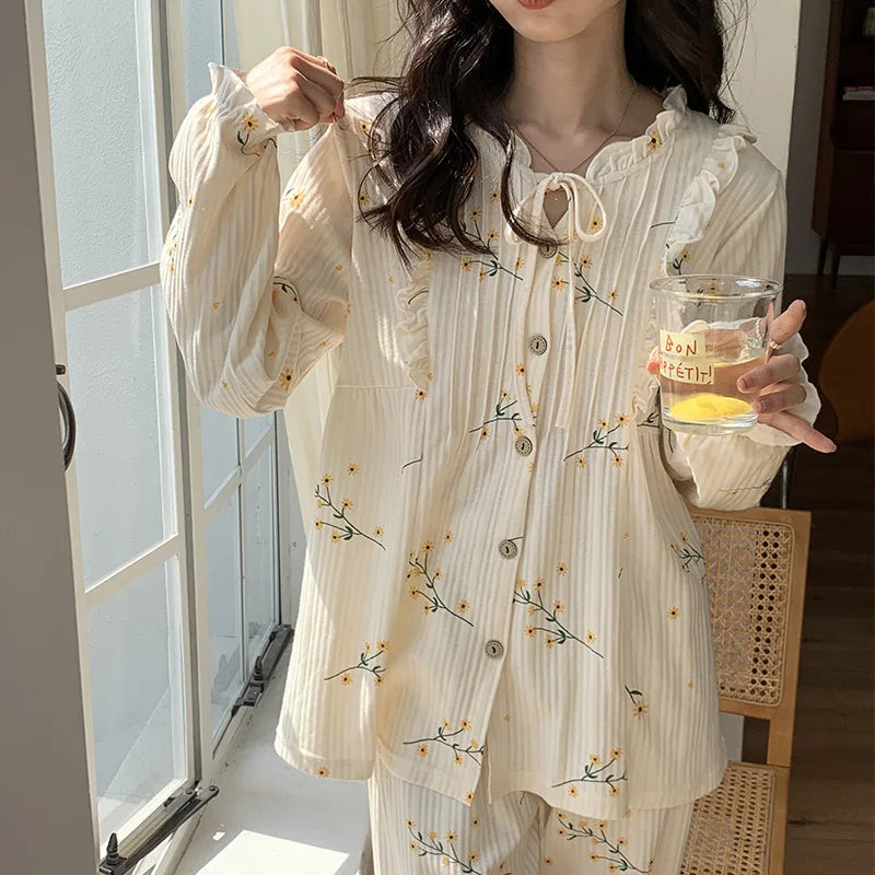 Cotton Women's Pajamas Set Floral Printed Long Sleeve Sleepwear Home Clothes Casual Ladies Nightwear Sleeping Pyjamas Suit