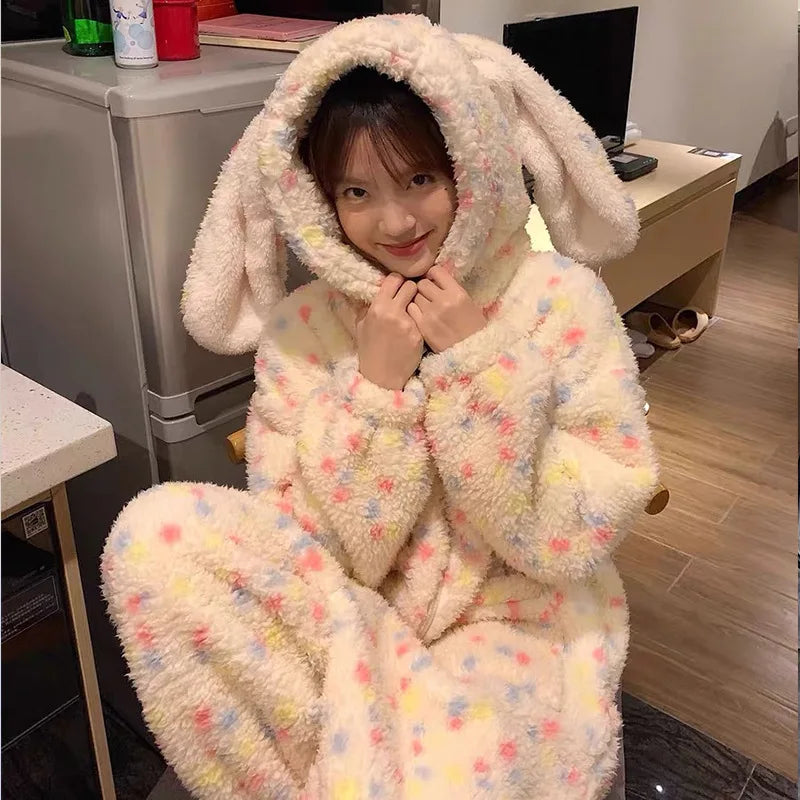 Rabbit Ears Onesie Pajamas Girl's Coral Fleece Thickened Sweet Hooded Nightgown Women's Homewear Long Sleeve Homeclothes Winter