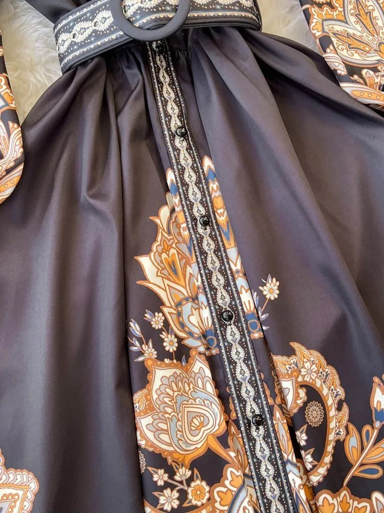 Elegant Vintage Court Style Long Sleeve Collared Slim Fit Print Shirt Dress Knitted Fabric Midi Skirt Length Button Detail