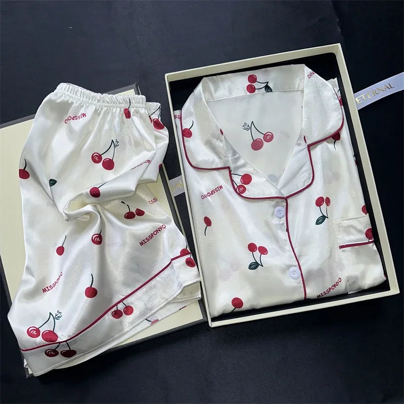 Sexy Women Satin Nightwear Plus Size Short Sleeve Cherry Print Sweet Rayon Sleepwear Top and Pants Shorts Girl Student Pajamas