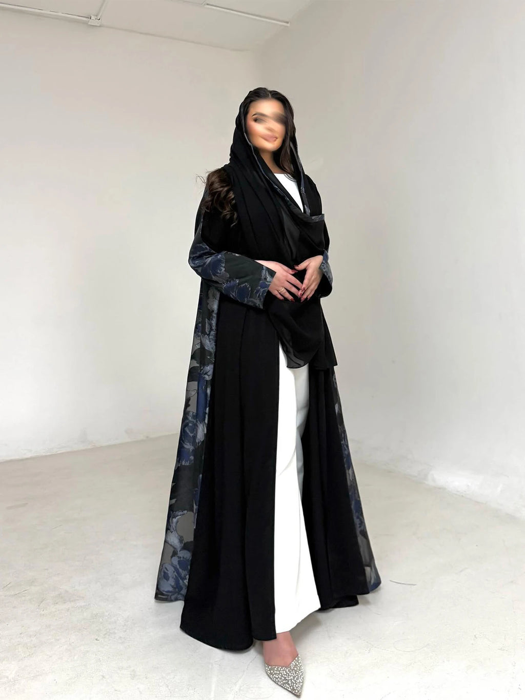 Women's Black Floral Print Abaya, Loose Long-Sleeved Elegant Arab Robe