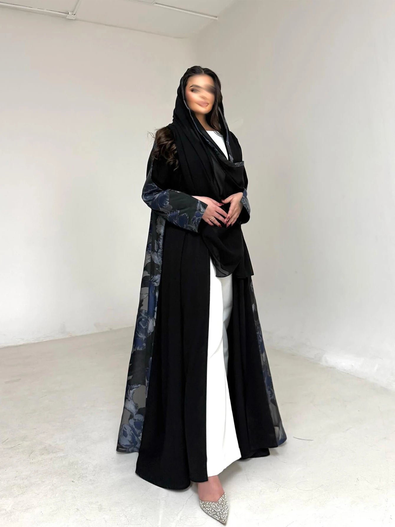 Women's Black Floral Print Abaya, Loose Long-Sleeved Elegant Arab Robe