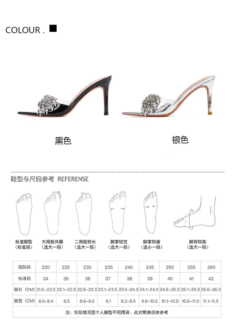 Sexy lady 2026 Diamond-Encrusted Pointed-Toe Mules Women's Sandals Transparent High Heels Sexy Thin Heel Versatile Slipperss
