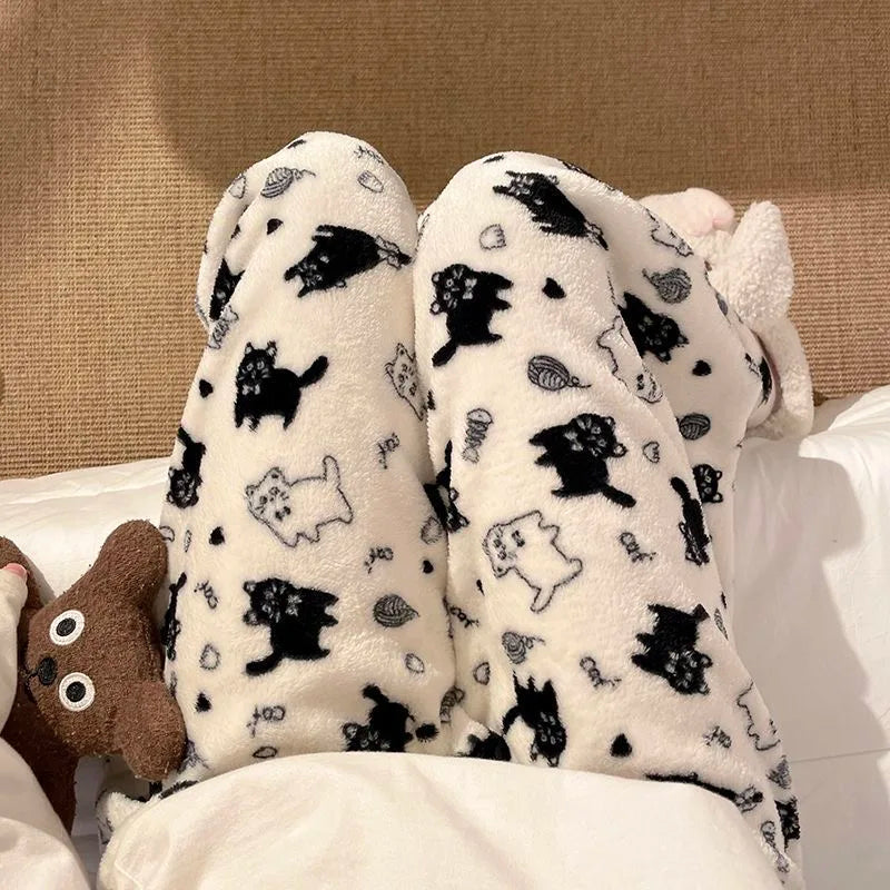 Black Cat Cartoon Pajamas Pants Kawaii Christmas PJS Korean Women Winter Warm Fluffy Flannel Sleepwear Girls Cute PJ Pants