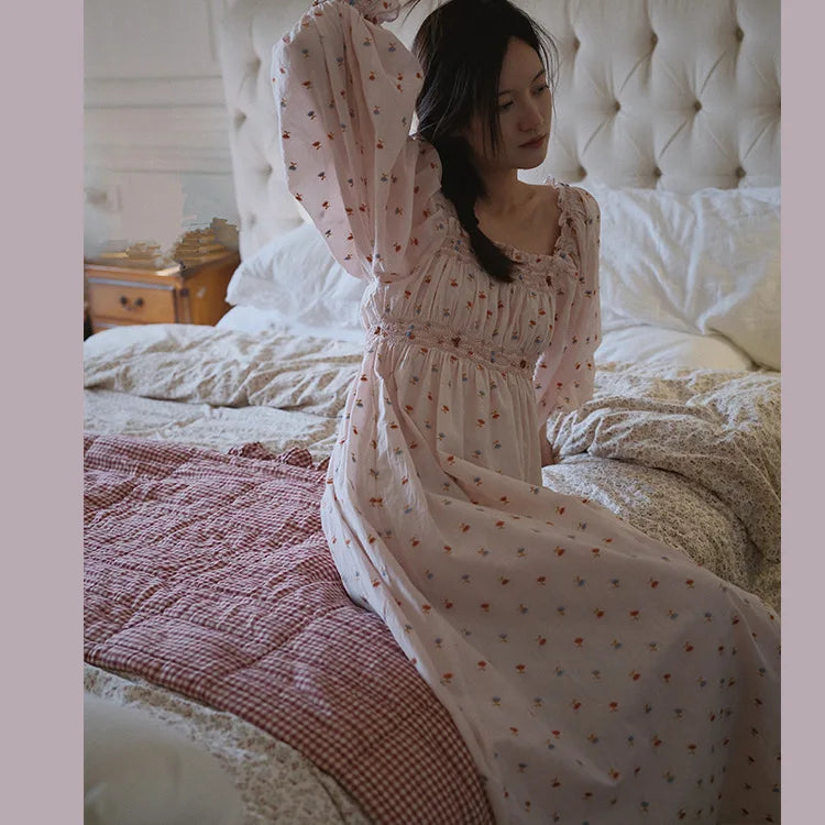100% Cotton Doen Fairy Embroidered Dress Retro Sweet Cotton Princess Style Floral Sleep Skirt Outside Spring Autumn Sleepwear
