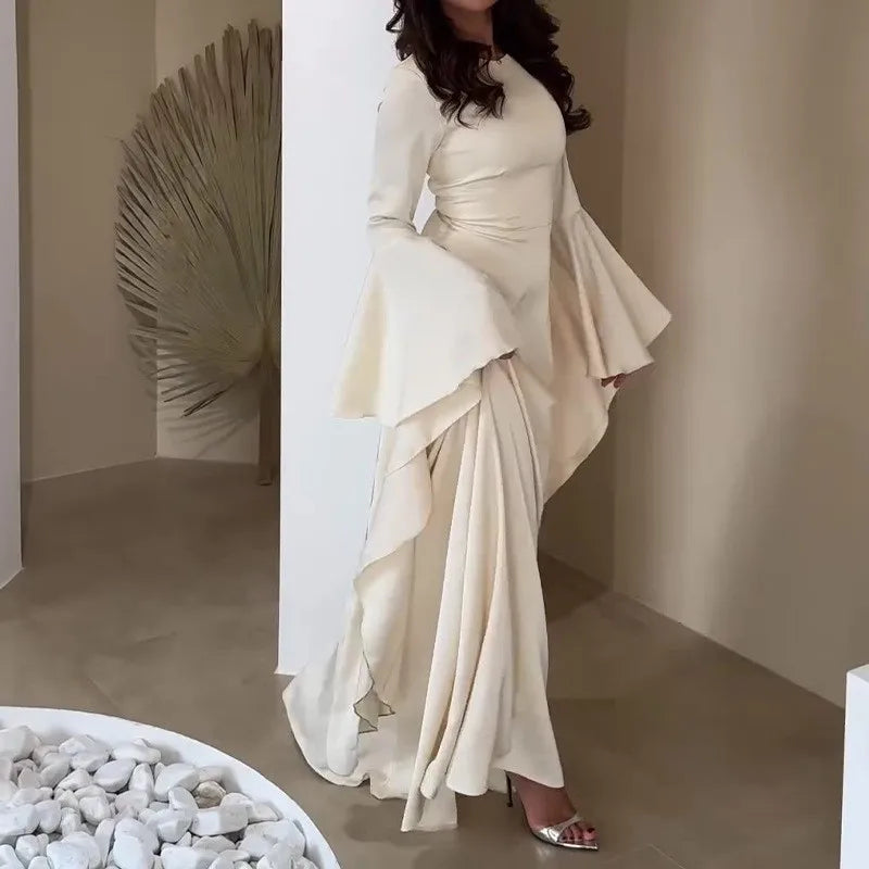 Women Cocktail Party Dress Big Swing Middle Eastern Long Floating Sleeves Slim Empire Lady Banquet Solid Maxi Clothing