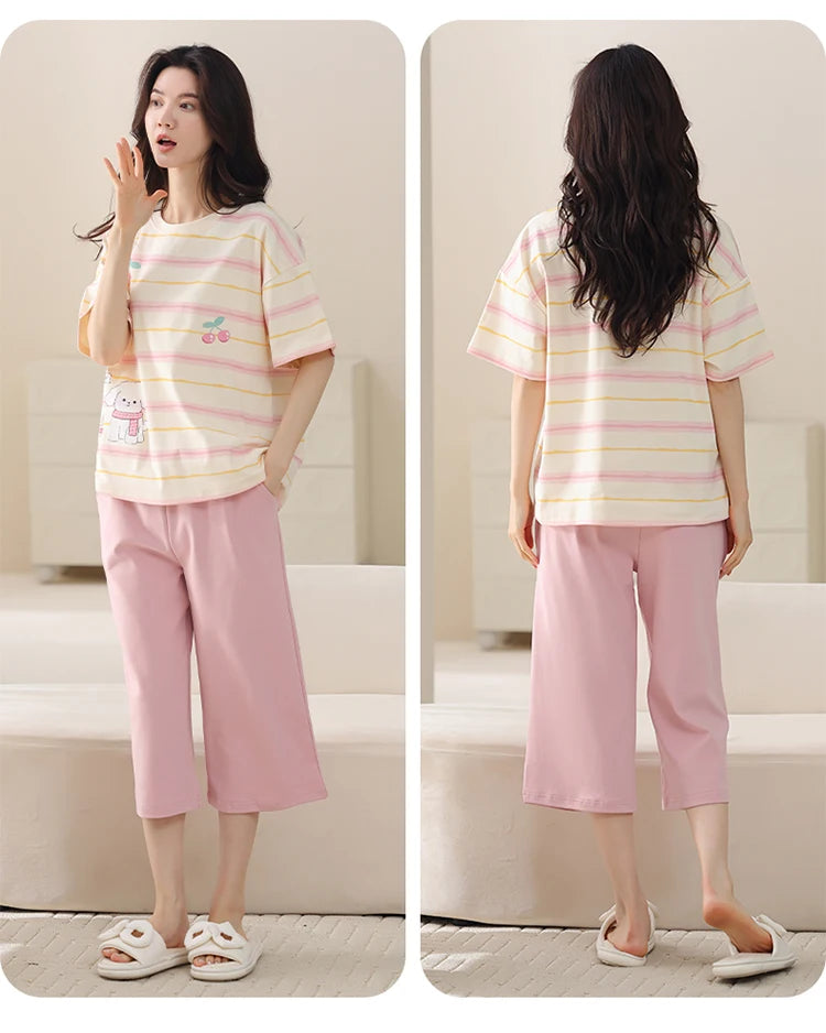 MiiOW 2Pcs Summer Women's Pajamas Set Cotton Short Sleeve Woman Homewear Cute Pink Patchwork Print Girls Pajamas Woman Sleepwear