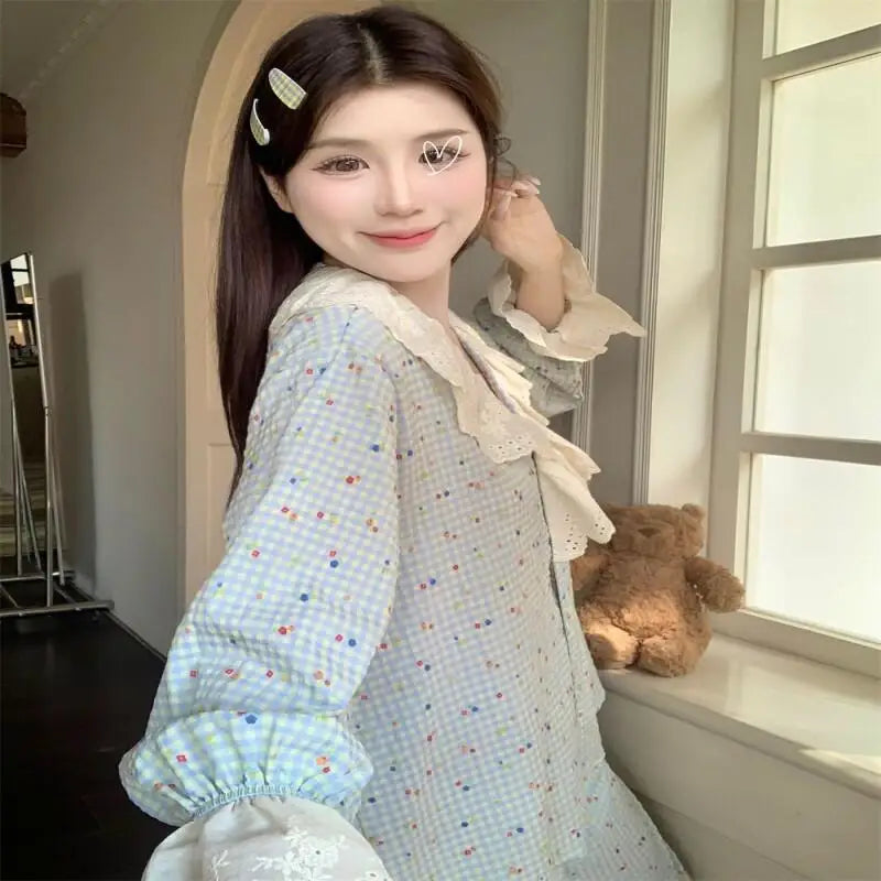 Korean Style Sweet Style Floral Pajamas for Women New Long Sleeve Long Pants Lace Trim Homewear Set Autumn Winter Loungewear Hot