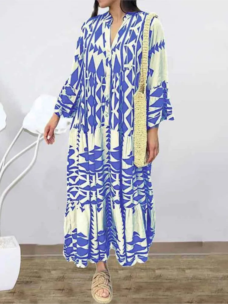 Women Print Long Sleeve Dress V-neck Long Sleeve High Waist Single Breasted Long Skirt New Holiday Loose Casual Women's Clothes
