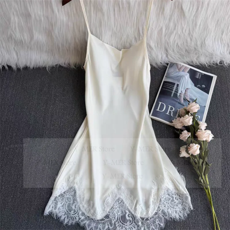 Satin Suspender Skirt Sleepwear Women Nightdress Silky Lace Nightwear Intimate Lingerie Sexy Nightgown Casual Home Dressing Gown