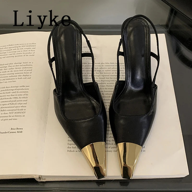 Liyke Sexy Slingback Sandal Female Design Metal Pointed Toe Stiletto High Heels Party Prom Shoes Women Pumps Zapatos Mujer