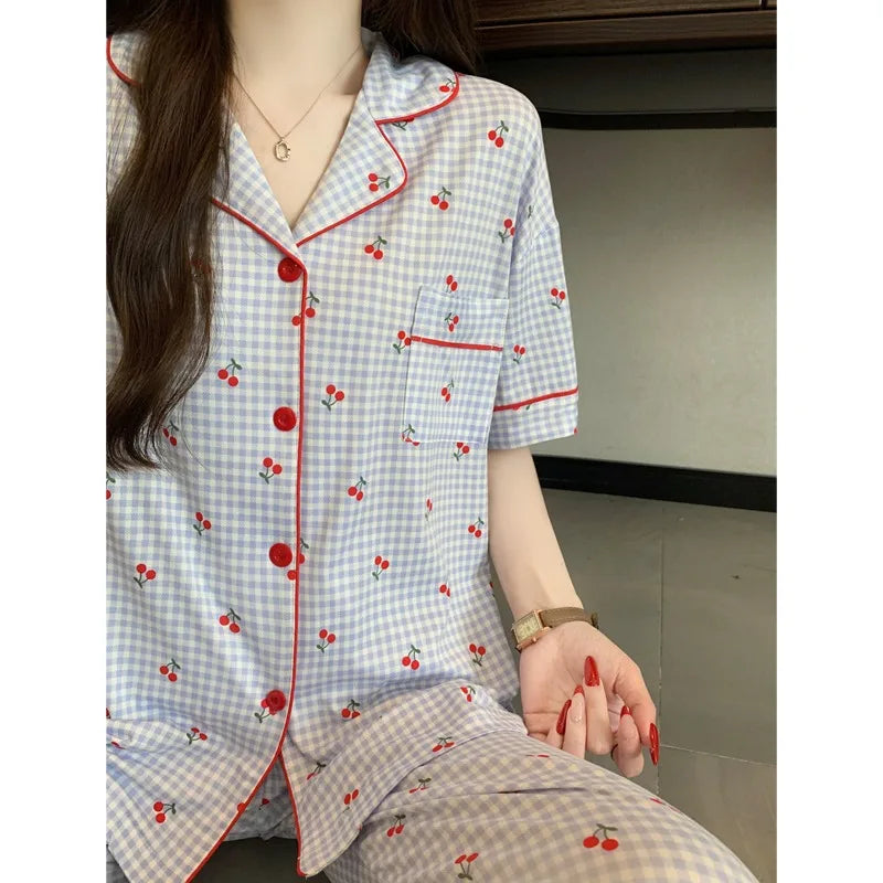 Sweet Cute Cherry Print Pajamas Women 2 Piece Set Soft Loungewear Summer Casual Short Sleeve Pajamas Set Korean Fashion Homewear