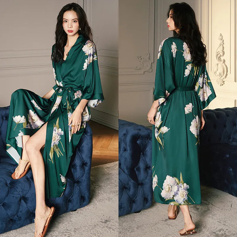 New Spring Summer Female Long Robe Nightgown Sexy Print Flower Kimono Bathrobe Gown Casual Silk Satin Home Dress Lounge Wear