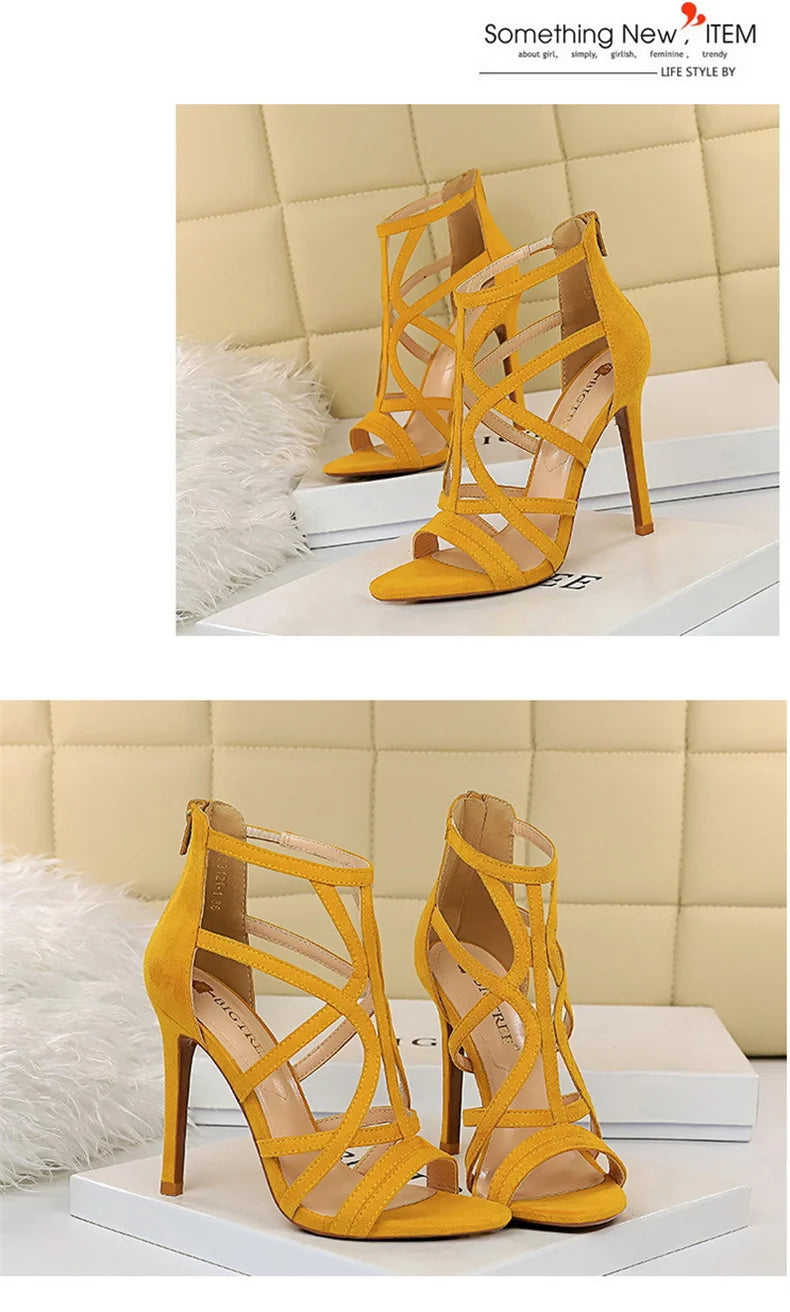 Women Roman style Thin High Heels Pumps Pointed Toe Suede Hollow Strap Party Shoes Solid Solid Ankle Zip Summer Sandals