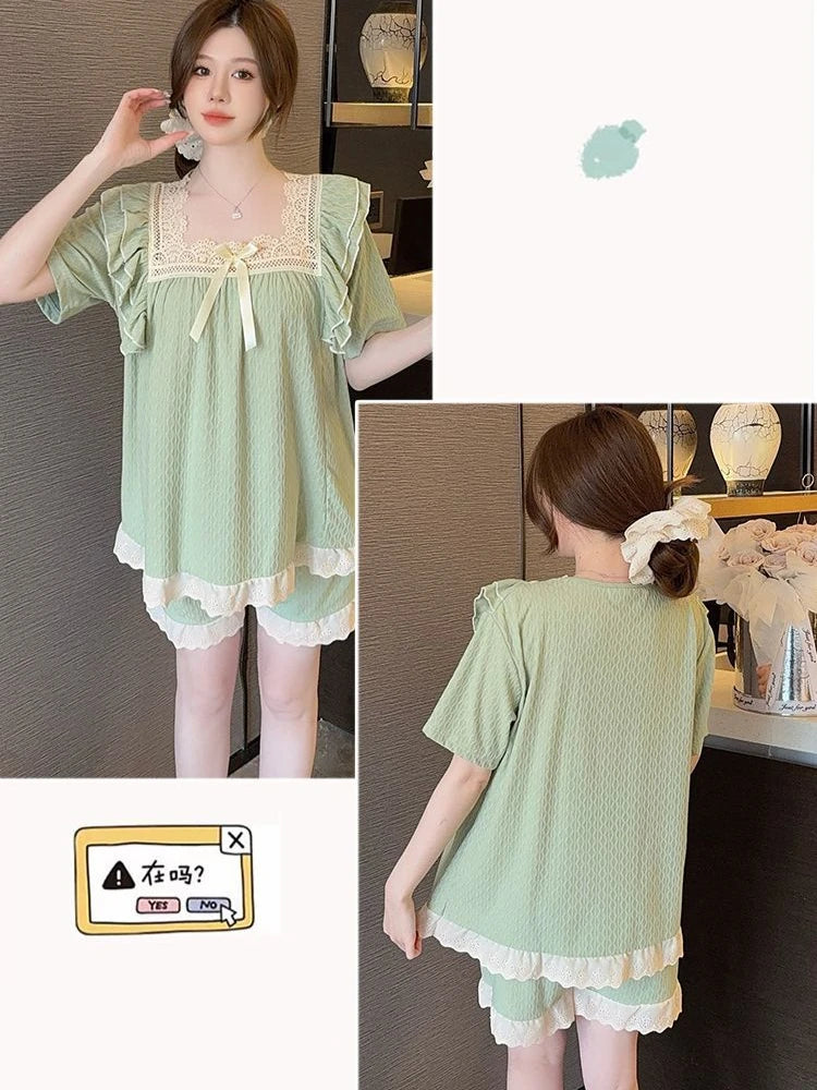 Gift for 5XL Plus Size Women Pajama Set Korean Style Cotton Nighties Summer Ruffle Short Sleeve Top and Shorts 2 Piece Sleepwear