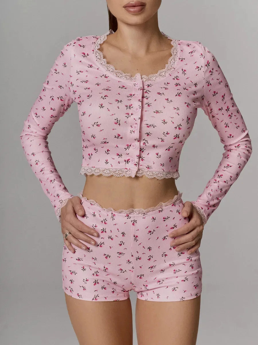 Sexy Womens Floral Print Pajamas Set Summer Long Sleeve Top And Shorts Sleepwear 2 Piece Set For Women Home Casual Skinny Suit