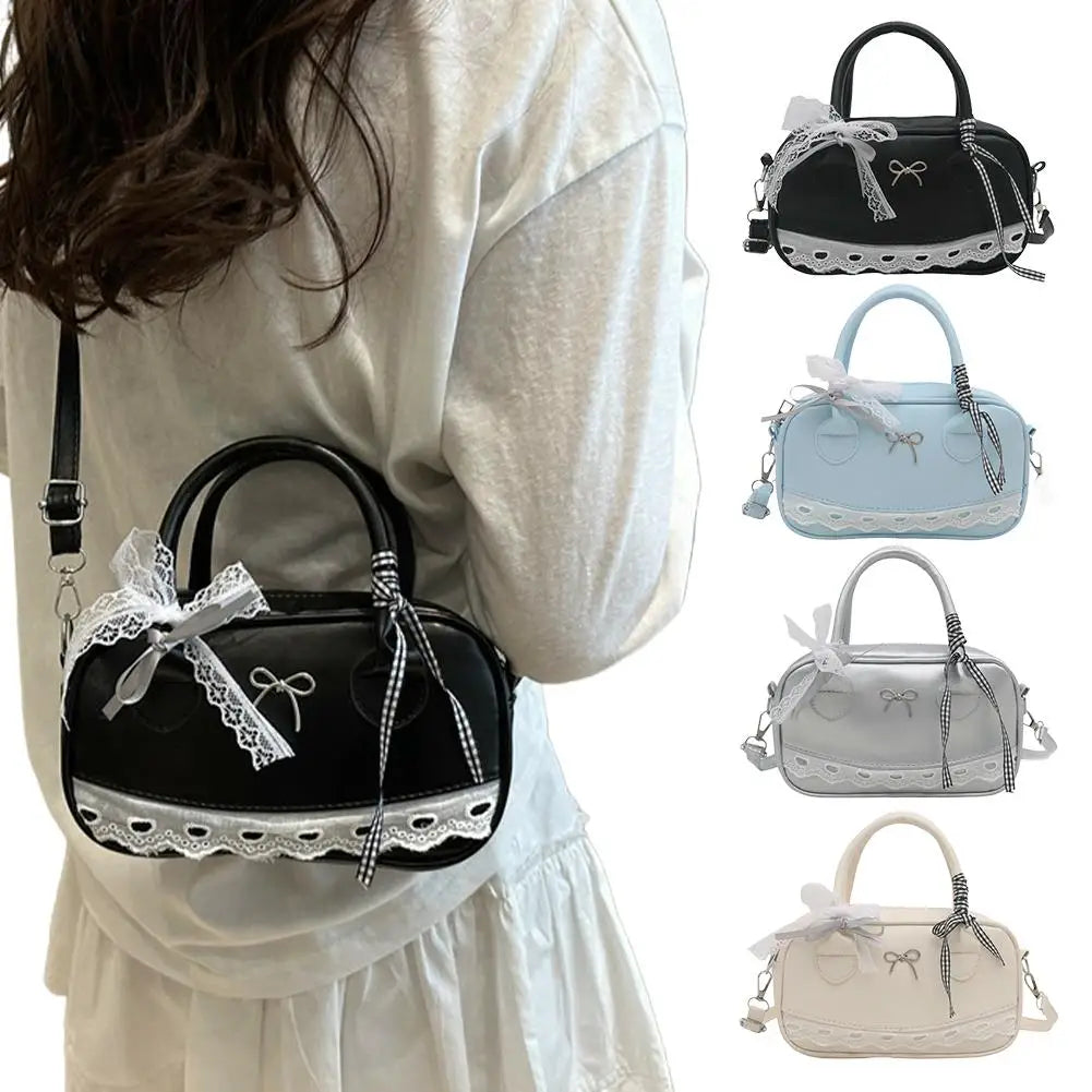 Simple Elegant Handbag Boston Shoulder bag Lace Ribbon Bow Decor Crossbody Bag Small Square Bag Casual Women Bags ﻿