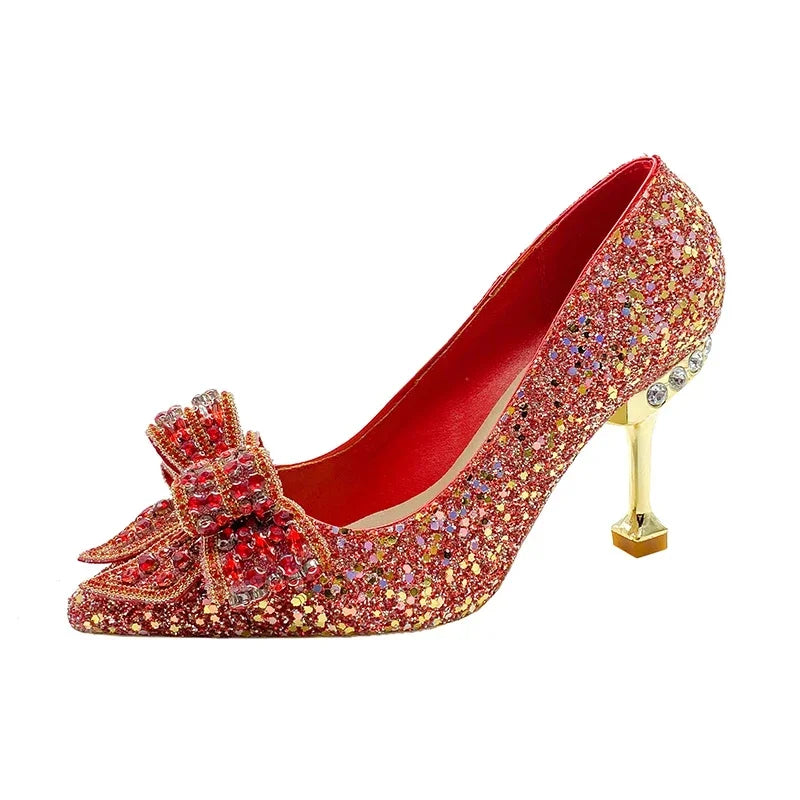 New  Women's Rhinestone Wedding Shoes Year Shoes Luxury Buckle Decorative Banquet Women's Shoes High Heels Gold Silver Red