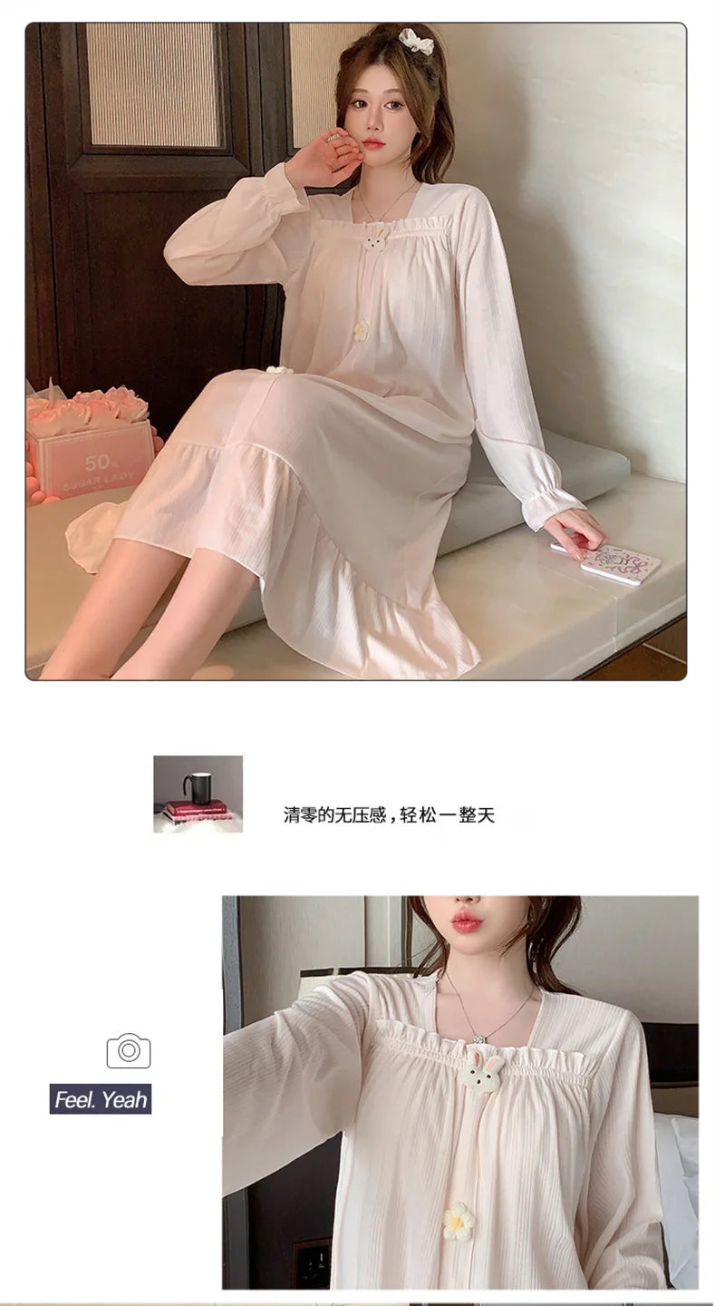 Autumn Winter New Women Cotton Nightdress With Chest Pad Long Dress Sweet Loose Long Sleeve Home Wear
