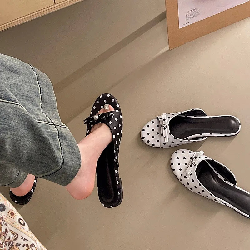 Cute Polka Dot Women Slippers Comfortable Soft Sole Slip On Flats Dress Shoes 2026 Summer Outdoor Beach Vacation Slides Shoes