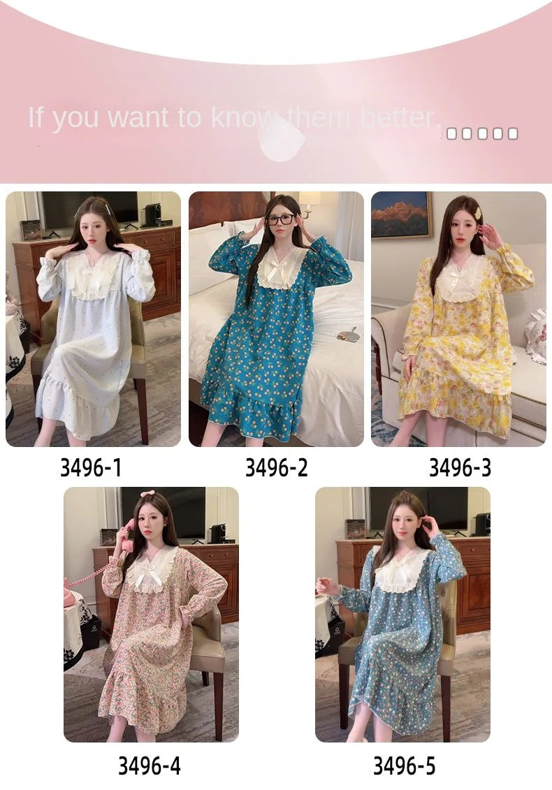 2026 Comfy Long Sleeve Home Dress, Women's Floral Print Loungewear for Spring Autumn, Oversize Sweet Korean Style