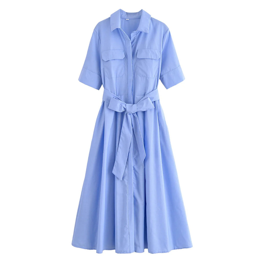 HH Women Summer Lapel Short Sleeve Pocket Single-Breasted Belt Decorate Midi Dress Female Fashion Shirt Style Pleated Dress