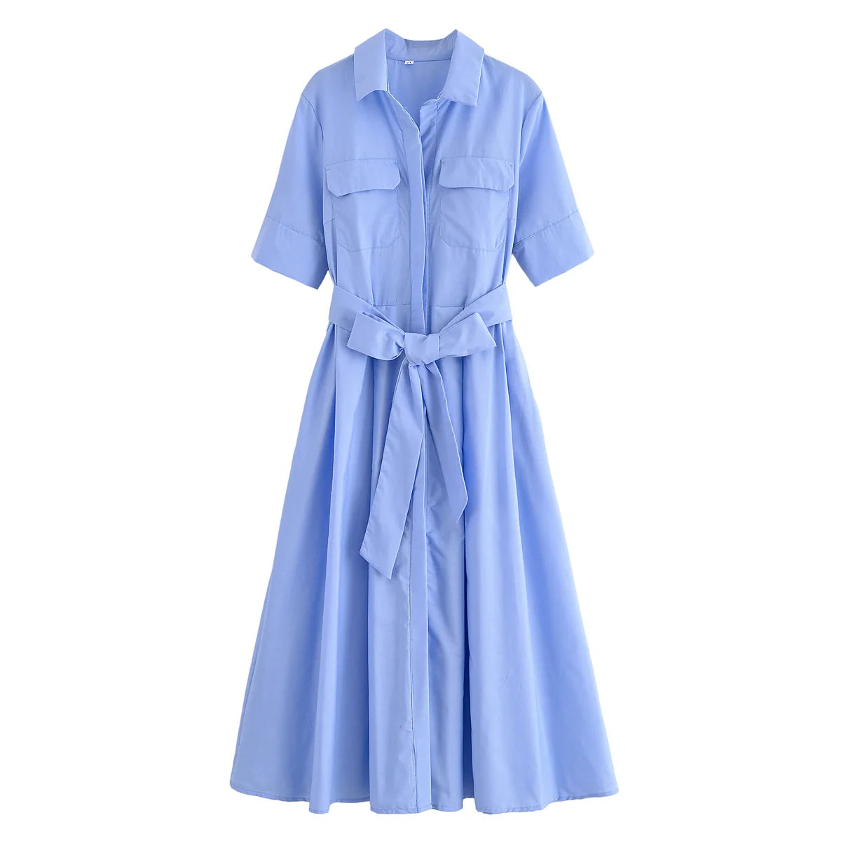 HH Women Summer Lapel Short Sleeve Pocket Single-Breasted Belt Decorate Midi Dress Female Fashion Shirt Style Pleated Dress