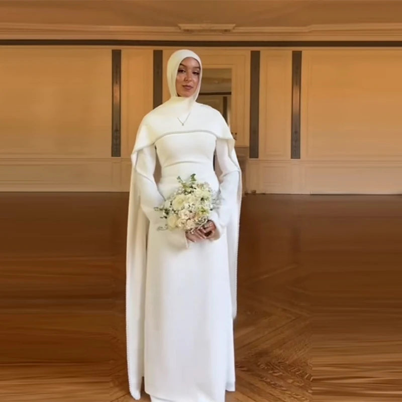 White Pearl Trim Cape Maxi Dress Women Elegant Long Sleeve Cinched Waist Muslim Robes 2026 Spring EID Abaya Lady Dresses