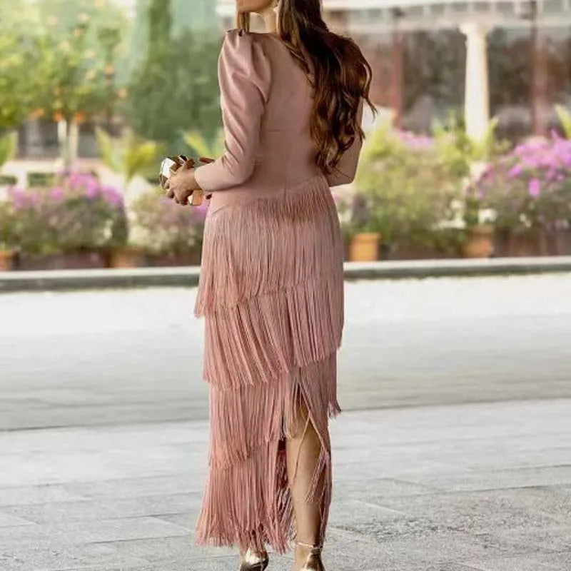 French Elegant Deep V Neck Slim Prom Dresses 2025 Spring Solid Spliced Tassel Long Dress Woman Long Sleeve New Autumn Maxi Dress