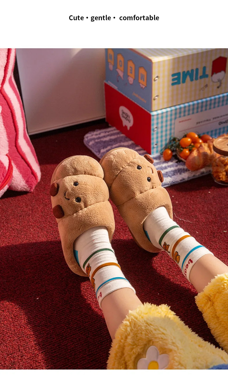 Cute Cartoon Fluffy Slippers For Women Men Winter House Shoes Furry Croissant Bread Style Anti-slip Couples Home Cotton Slides