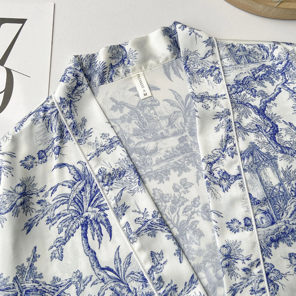 Women Sleepwear 3PCS Pajamas Set Lingerie Print Flower Bath Robe Gown Nightwear Summer Loose Satin Lounge Wear Home Clothes